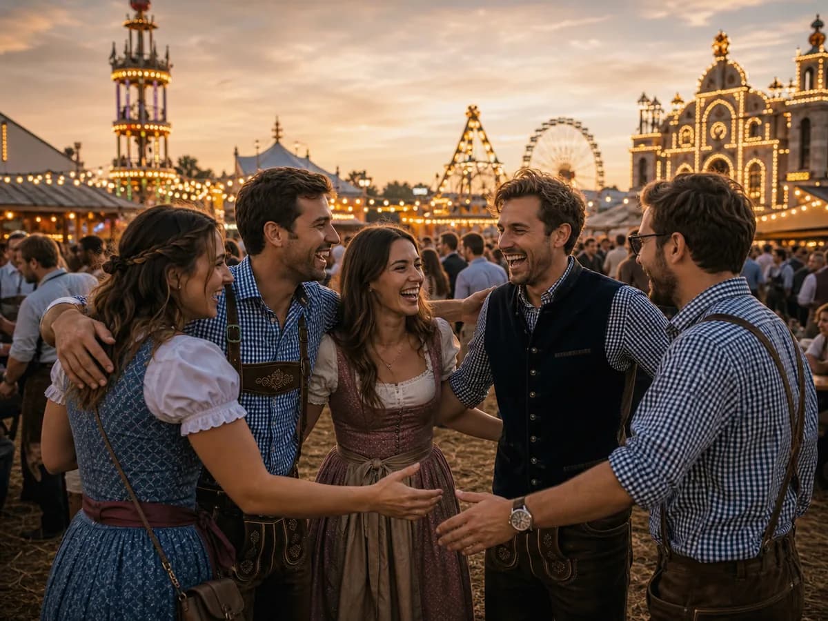 Friends greeting one another at a warm-lit folk festival in Munich